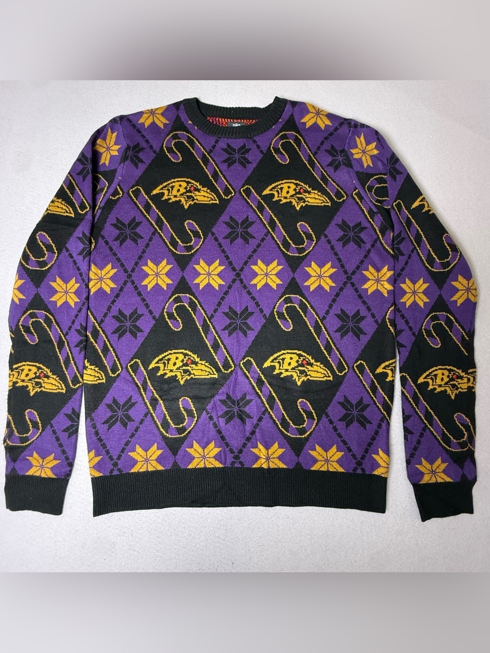 Baltimore Ravens NFL Licensed Candy Cane Sweater Purple Large L Christmas Black